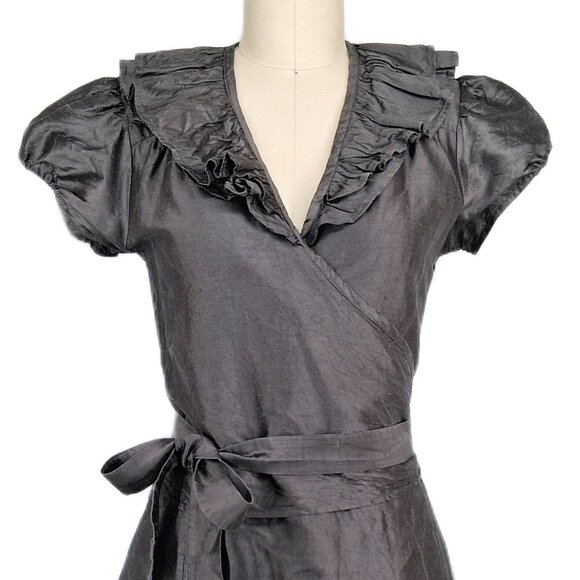 Calypso St Barth Gray Silk Wrap Dress Midi Fit & Flare Ruffle Collar Cap Sleeve - Picture 5 of 9